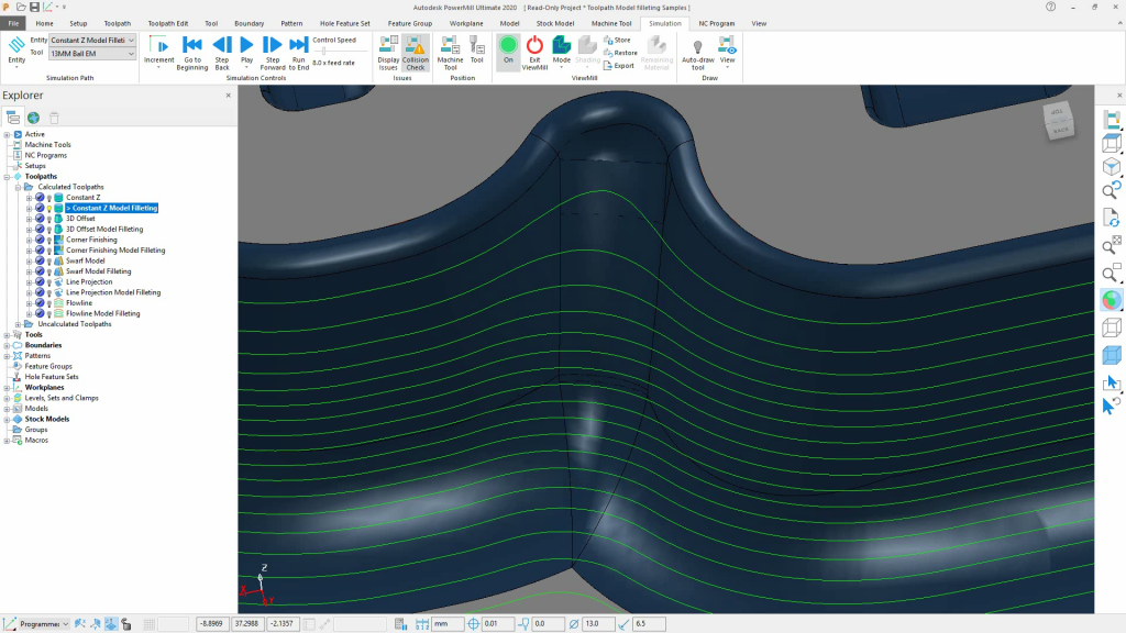 Model filleting now works with all 3-axis toolpath types