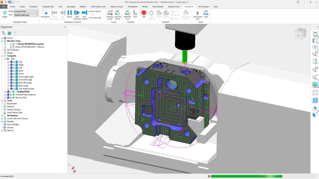 Image shows the new Inclined Flat Finishing toolpath being used to machine a mold tool core block.