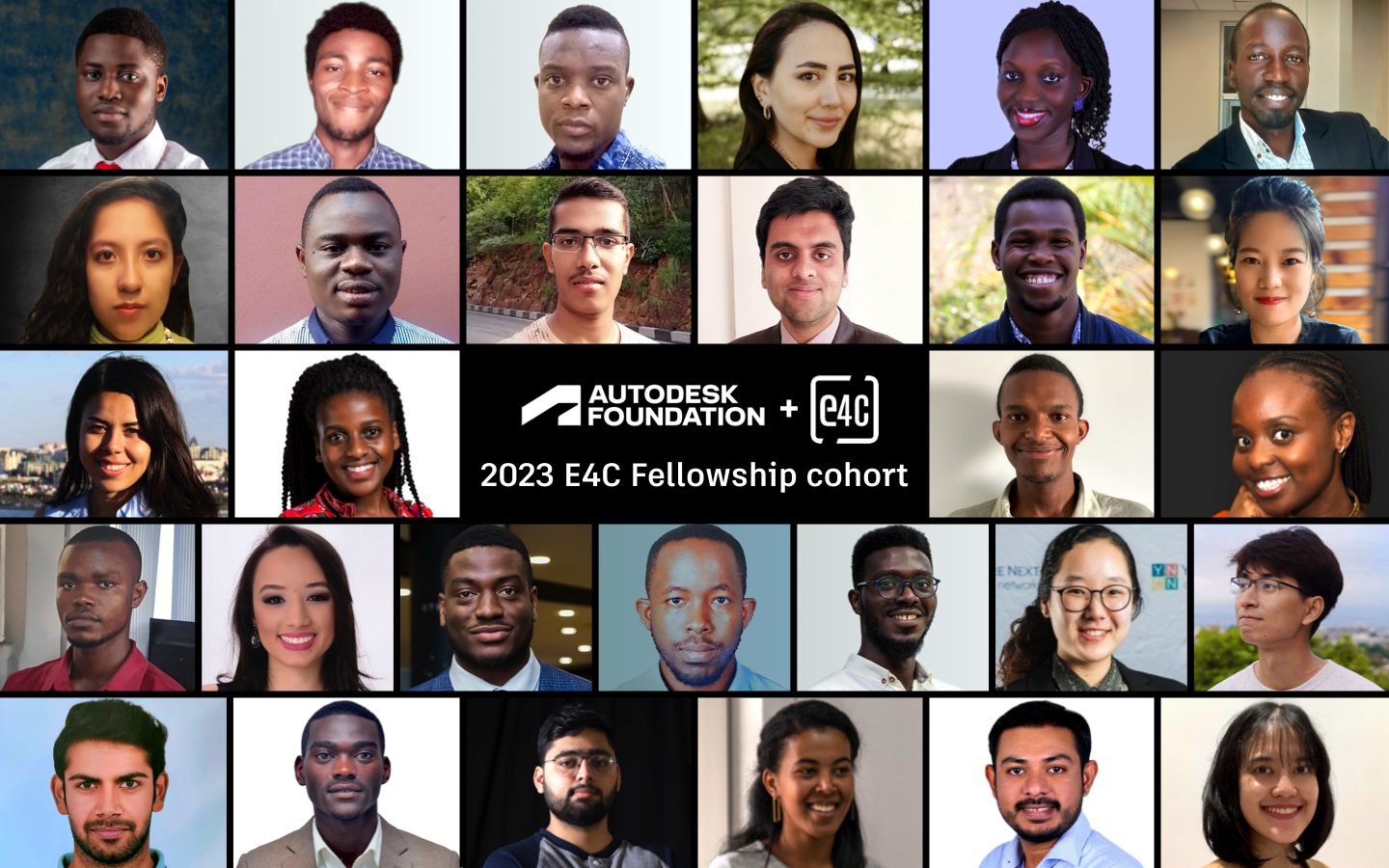 Grid/collage with headshot photos of 29 Autodesk Foundation-supported 2023 E4C Fellows.