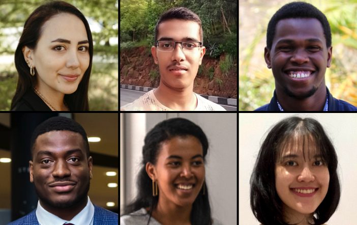 Headshot lockup of six 2023 E4C Fellows (clockwise): Arianna Andino, Shakthi Dhar, Symon Kipkemei, Ogechi Ogbonna, Tunga Tessema, and Ginani Utami.