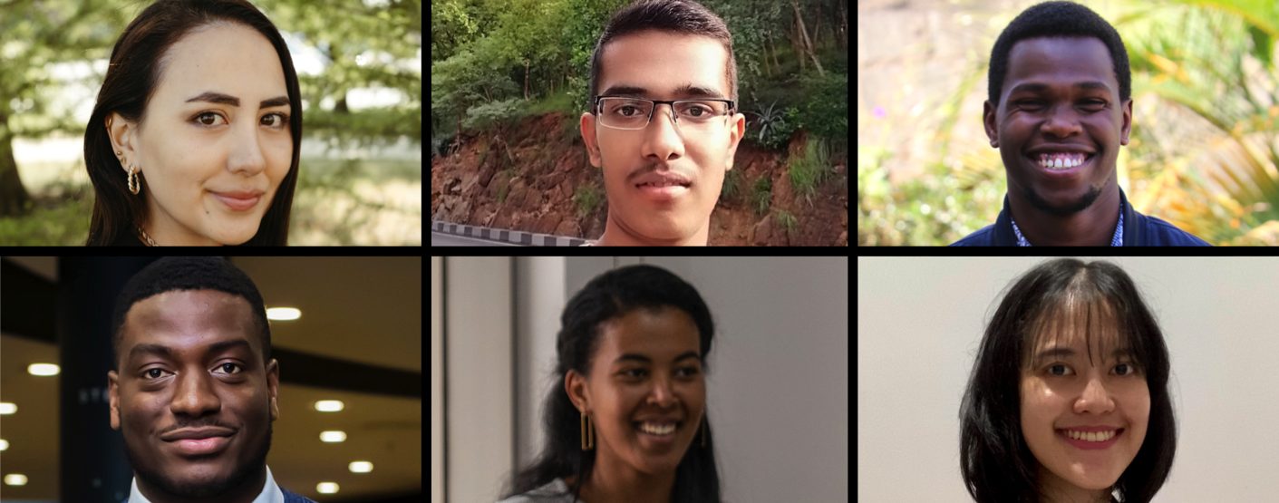 Headshot lockup of six 2023 E4C Fellows (clockwise from top-left) Arianna Andino, Shakthi Dhar, Symon Kipkemei, Ginani Utami, Tunga Tessema, and Ogechi Ogbonna.