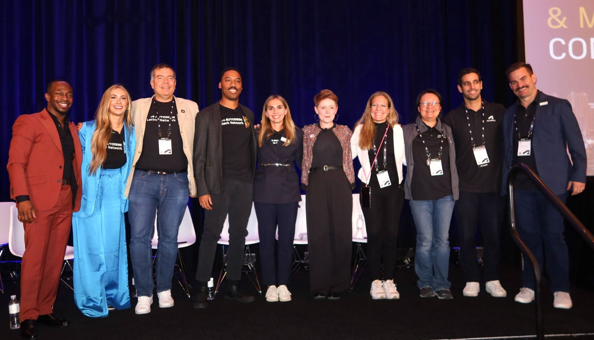 Autodesk ERG leadership at Autodesk University 2023 (from left): Cordero Davis, Senior Manager, Global Employee Resource Groups, Autodesk, Inc.; Kassidi Sorensen, ERG Lead, Autodesk MIND Network; Guillermo Melantoni, ERG Lead, Autodesk Latinx Network; Brandon Cramer, ERG Lead, Autodesk Black Network; Elissa Flandro, ERG Lead, Autodesk Indigenous Network; Athena Moore, ERG Lead, Autodesk Pride Network; Ramona Biehn, ERG Lead, Autodesk Women’s Network; Cynthia Chan, ERG Lead, Autodesk Asian Network; Daniel Gameiro, ERG Lead, Autodesk Young Professionals Network; Kyle Ebner, ERG Lead, Autodesk Veterans Network.