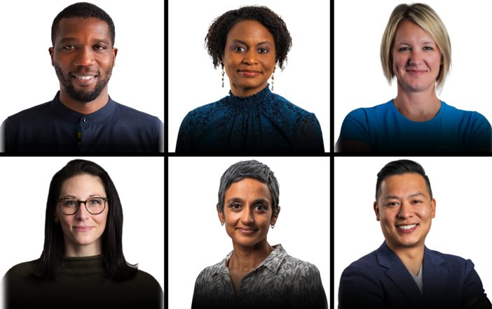 Photo grid. Headshots of Christian Benimana, MASS Design Group; Etosha Cave, Twelve; Amy King, Pallet; Megan O’Connor, Nth Cycle; Nithya Ramanathan, Nexleaf Analytics; and Jason Wang, FreeWorld.