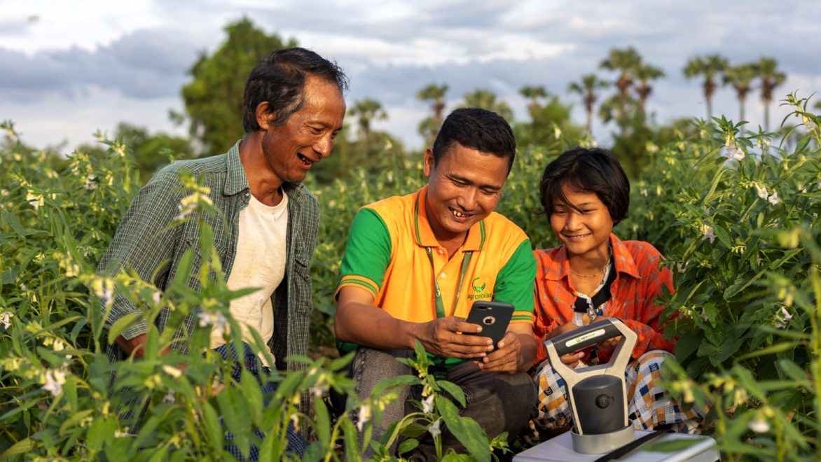 Three individuals—an older man, a middle-aged man, and a teenager—standing in a farm field surrounded by tall green crops on a sunny day. All three are smiling and looking at a mobile phone, held by the middle-aged man, which appears to interacting with a sensor or other mechanism for monitoring the crop.