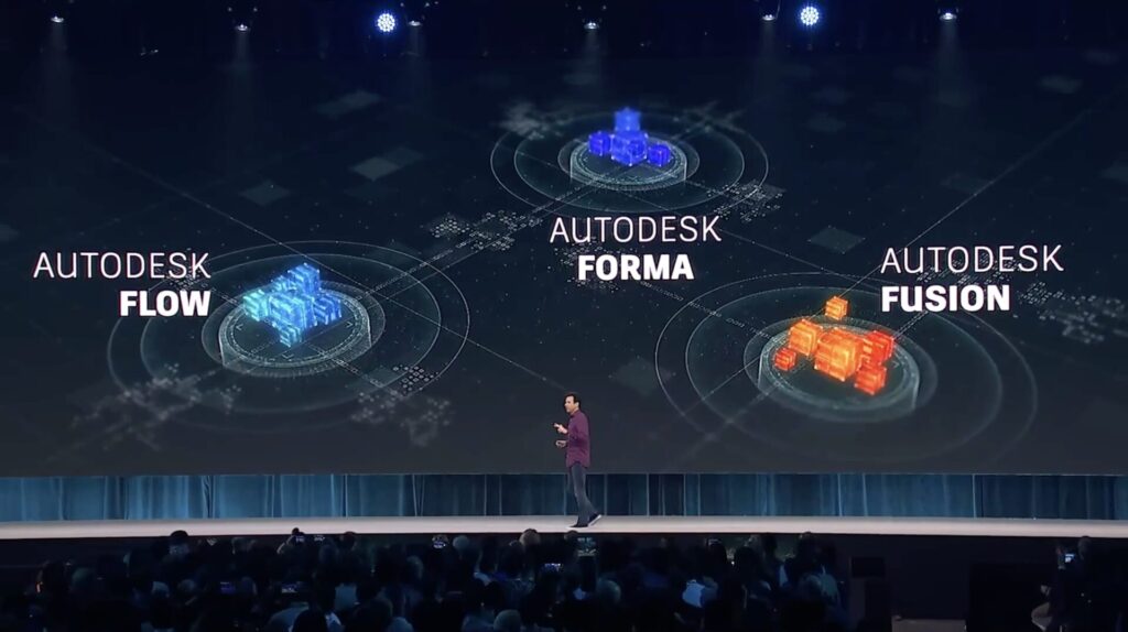 Autodesk CEO Andrew Anagnost stands on the stage at Autodesk University giving a presentation about the Autodesk Platform. Behind him, a large screen shows graphics for the company's three industry clouds: Autodesk Flow, Autodesk Forma, and Autodesk Fusion.