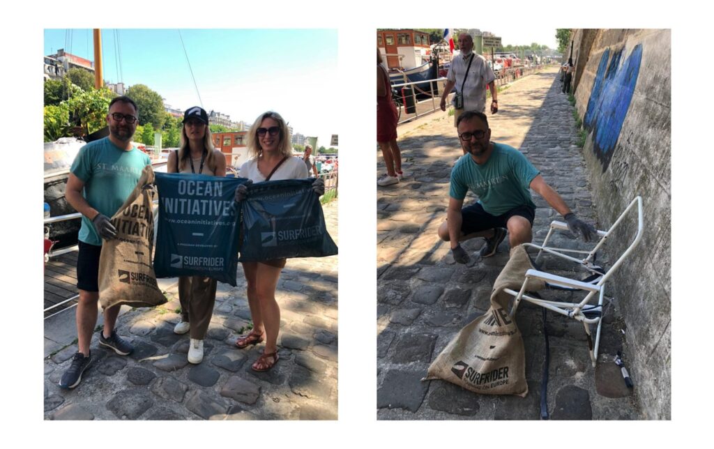 Autodesk employees volunteer to collect and sort waste, including a discarded beach chair, during the company’s Global Month of Impact