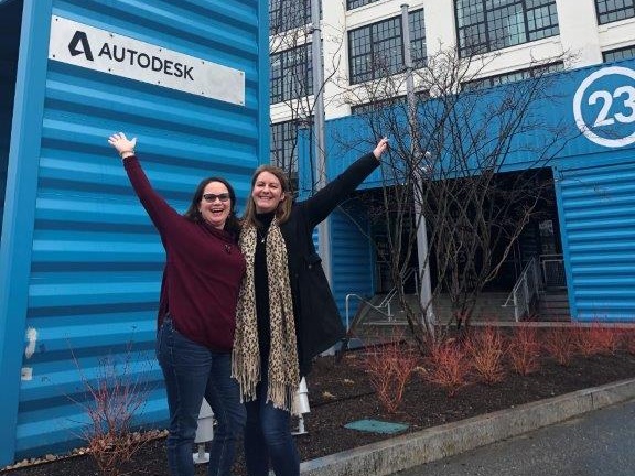 Colleen Lucksinger and Shona McMoran stand outside of the Autodesk office in Boston.