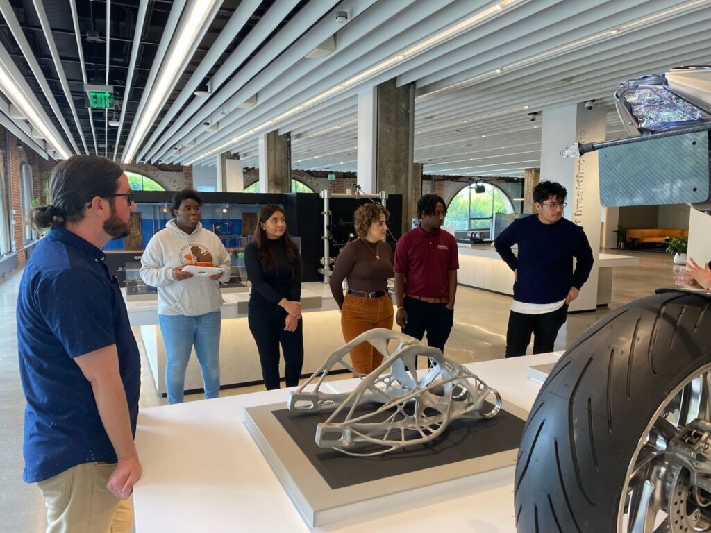 SMASH Rising interns look at some of the exhibits in the Autodesk Gallery