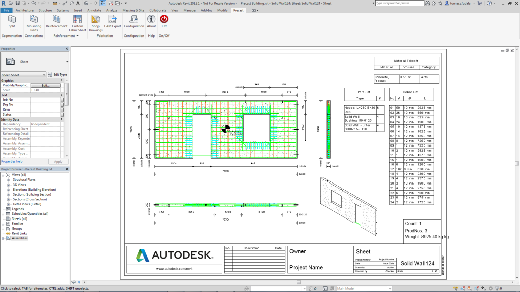 Autodesk Structural Precast Extension for Revit, automatic shop drawings