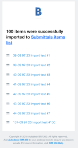 Submittal items import email notification