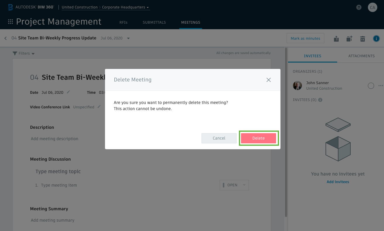 Meetings Release - Delete a Record - BIM 360 Release Notes