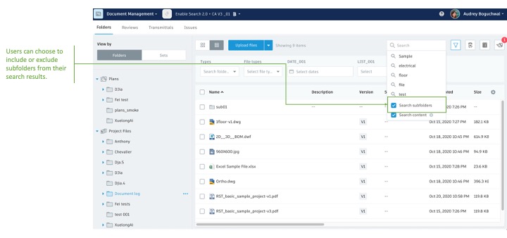 BIM 360 Docs option to include or exclude subfolders from search