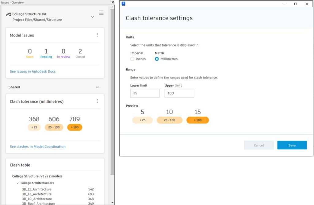 Filter automated clash analysis results by tolerance