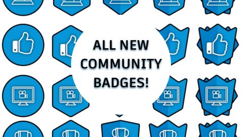 Collage of badges with text "All New Community Badges"