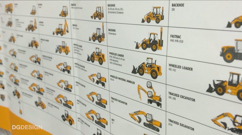 Grid of yellow and black construction vehicles.
