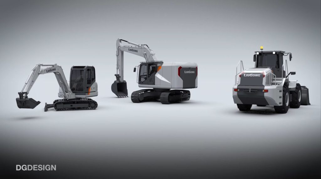 Rendering of three construction vehicles: small bulldozer at left, medium bulldozer with larger cab at centre; electric battery wheel-loading shovel at right.