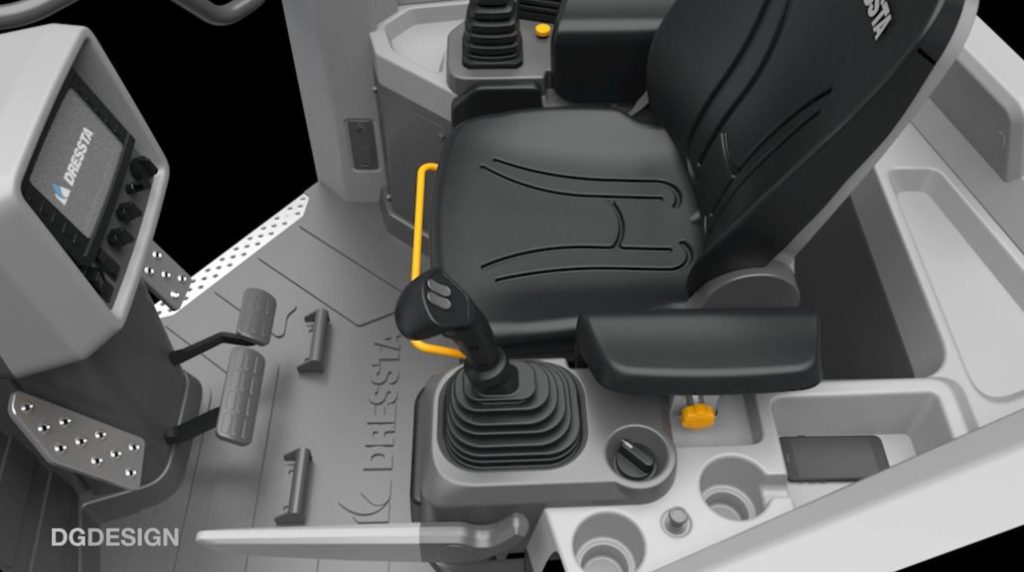 Interior view of bulldozer cab: seat, controls, dashboard.