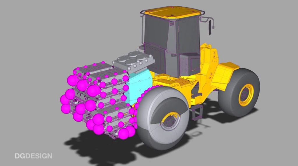 Digital illustration of a wheel-loading shovel. Back-end purple area for electric battery.