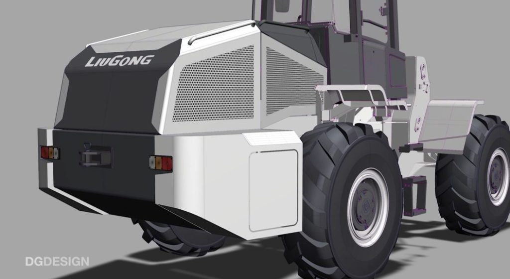 Rendering of wheel-loading shovel, black, white and grey.