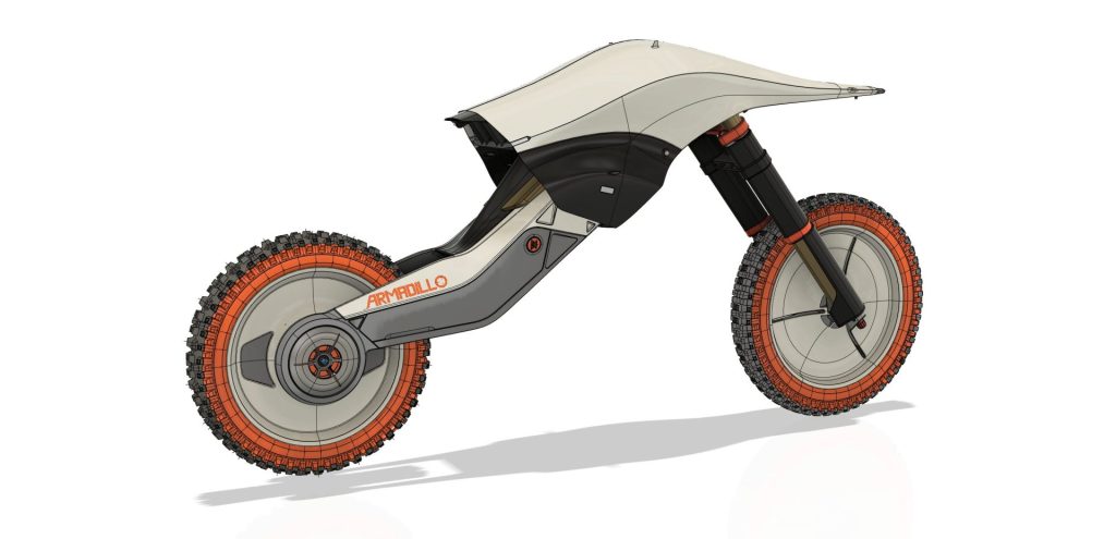 Digital model on white background of two-wheeled vehicle. Low diagonal seat towards the end. Vehicle body is off-white with orange details. Tires are black ringed outside orange rings, and off-white rims.