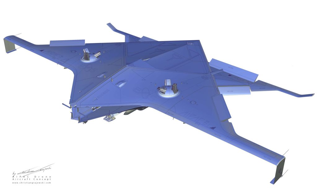 Digital model on white background of a triangular flying object, with wings, blueish in colour. 