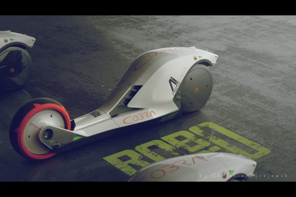 Rendering of a two-wheeled vehicle against dark concrete. Body of the vehicle is off-white, tires are black with red detailing. The name "COBRA" is written on the side in a futuristic type.