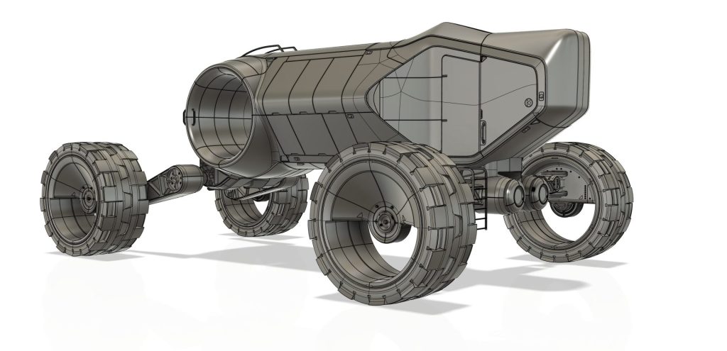 Digital model on white background, of a four-wheeled tanklike vehicle. Geometry is visible on each part. 