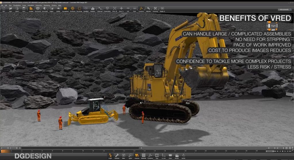 Screen cap of two off-highway construction vehicles in a quarry with four human avatars. Text onscreen reads: Benefits of VRED: can handle large / complicated assemblies; no need for stripping; pace of work improved; cost to produce images reduces; confidence to tackle more complex projects; less risk / stress.