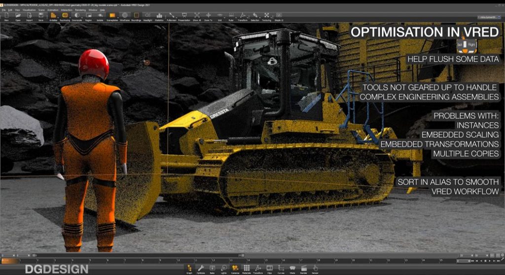Screen cap of a yellow bulldozer and human avatar in quarry. Text onscreen reads: Optimisation in VRED: help flush some data; tools not geared up to handle complex engineering assemblies; problems with instances; embedded scaling; embedded transformations; multiple copies; sort in Alias to smooth VRED workflow