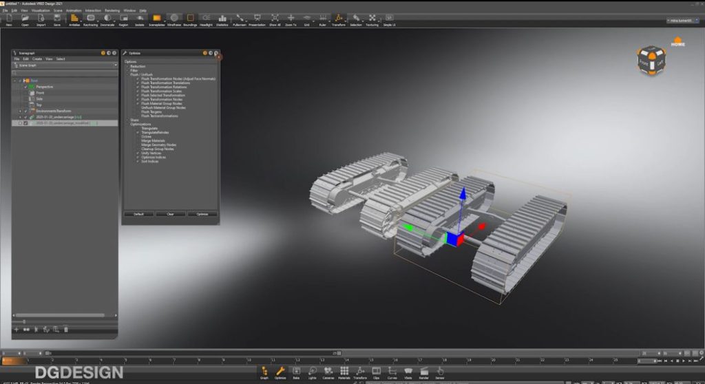 Screen cap of digital model of bulldozer wheels in VRED with menu drop-downs.