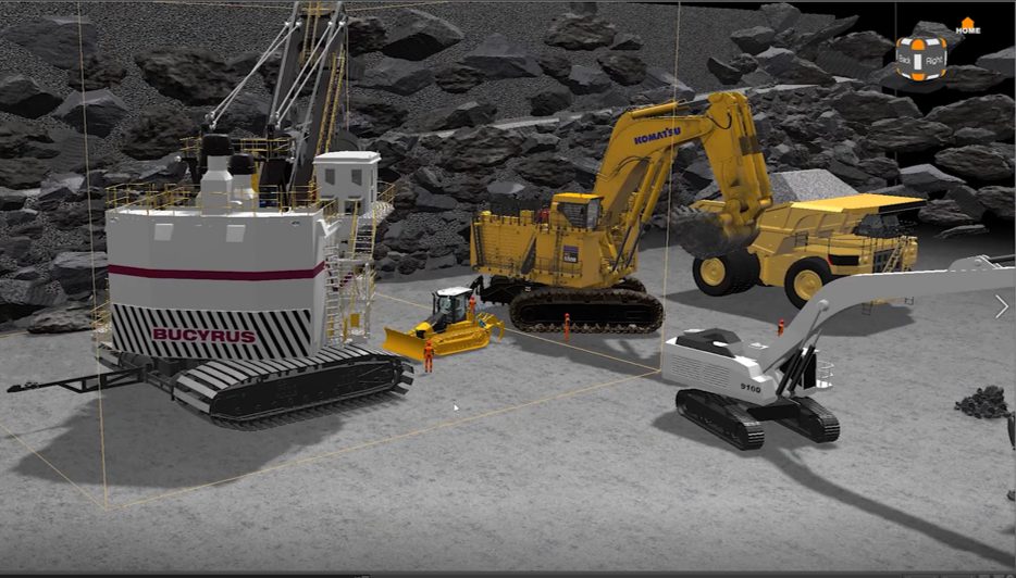 Digital render of five off-highway construction vehicles in quarry. Two are grey with white and red trim; three are construction yellow. In the centre we see two human avatars.