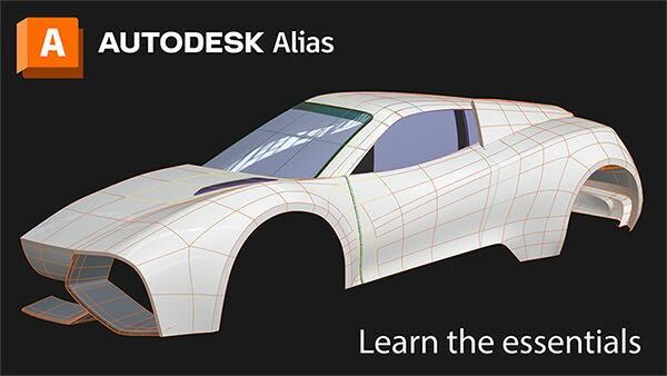 Wireframe of a car on black background. Text reads: Autodesk Alias. Learn the essentials.