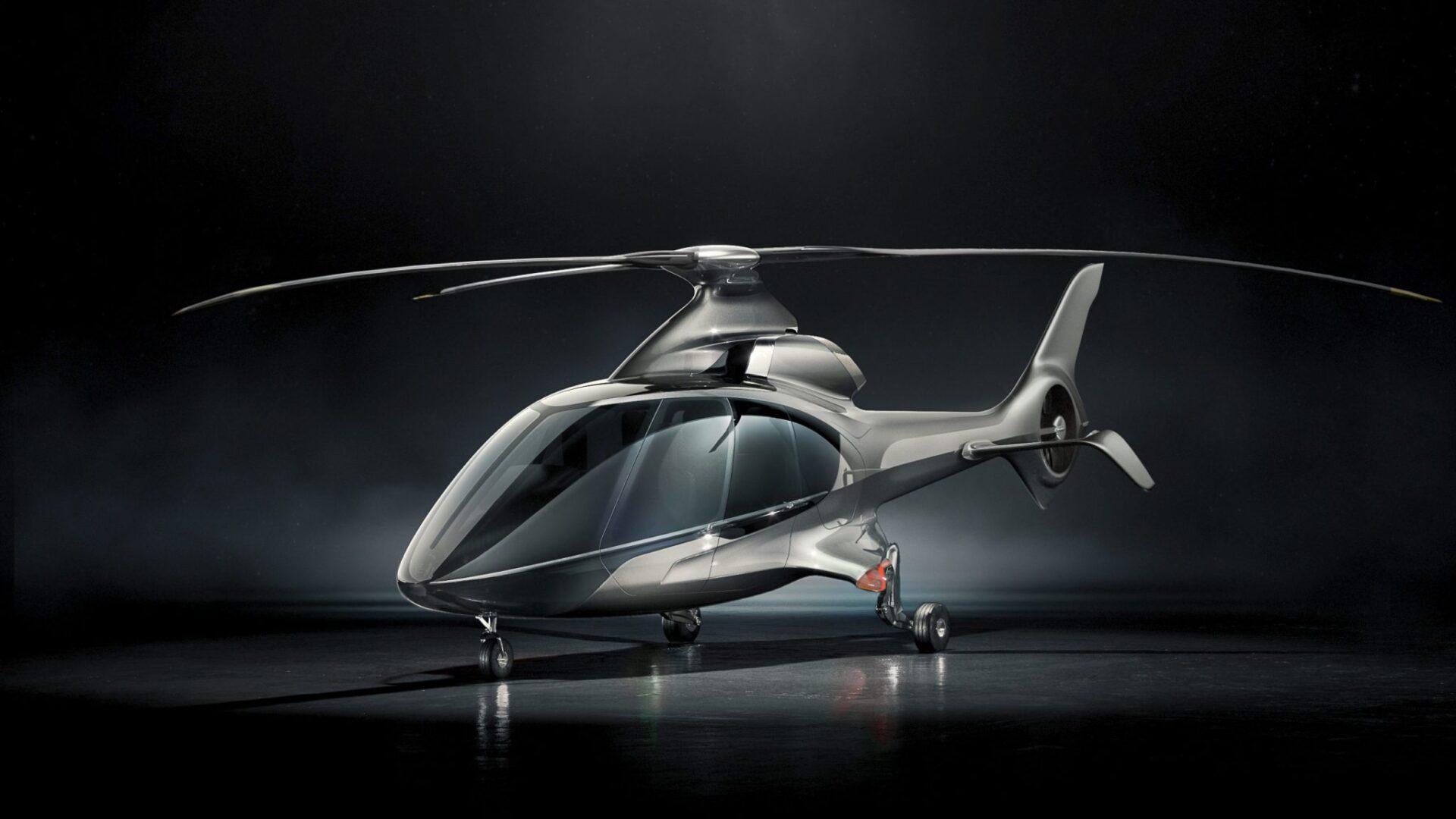 Sleekly designed luxury helicopter set against black background