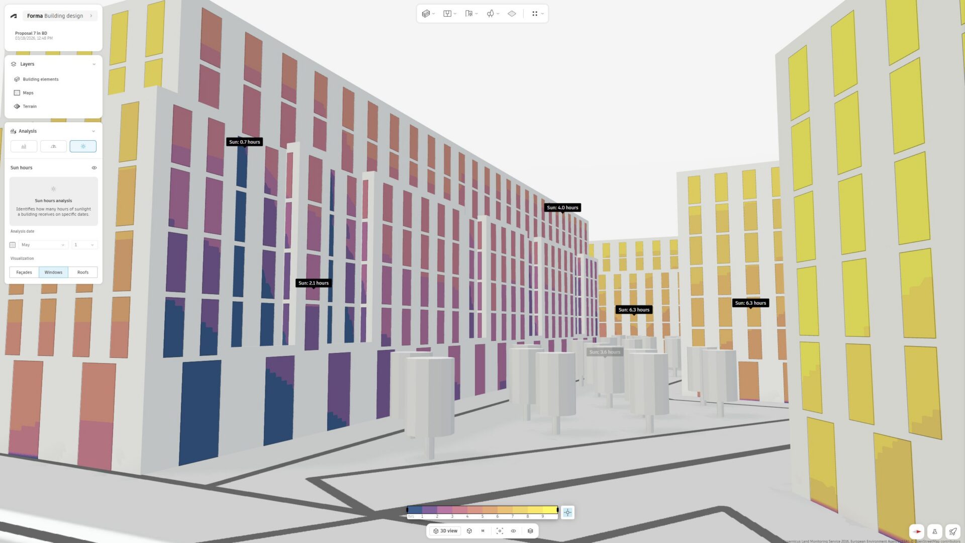 Sun hours analysis in Forma Building Design