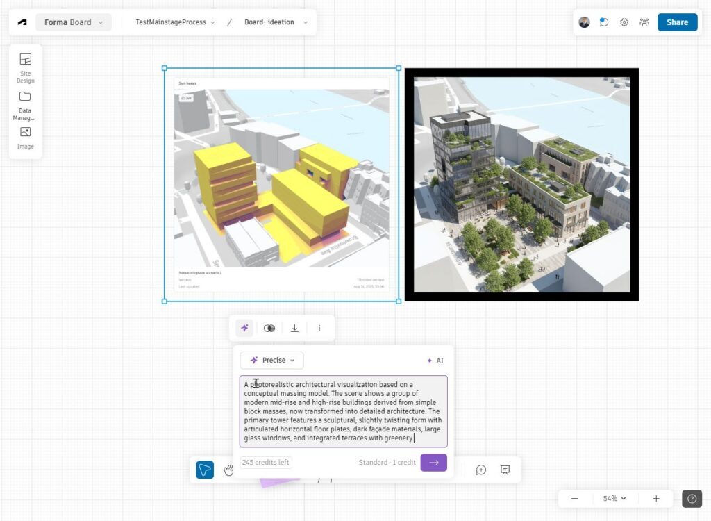 Residential building in Forma Board. Analysis model on left, on the right an AI rendering showing detailed facades and greenery. 