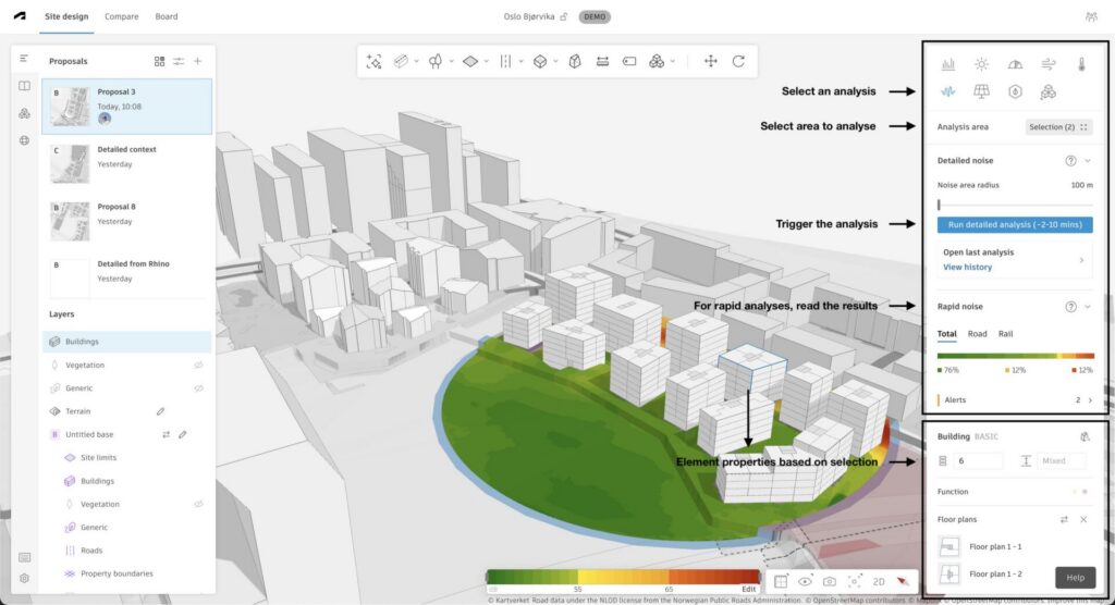 Forma Site Design tools: analysis panel