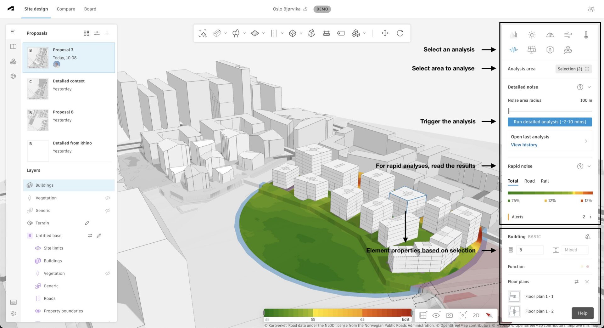 Forma Site Design tools: analysis panel