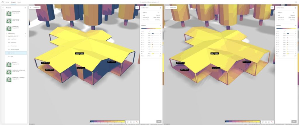 Autodesk Forma - Sun Hour analysis showing sun exposure throughout the year in a project from Barbados . (Left: June, Right: January). 