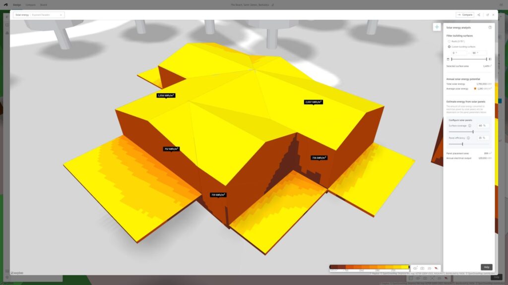 Forma - Solar Energy analysis. Project in Barbados - West facing facades average ~700kwh/m2. Roofs experience a scorching 2000+kWh/m2. 