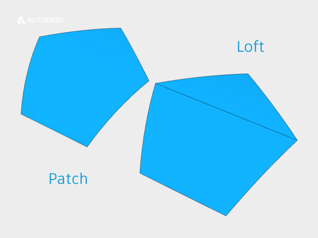 An example of a five sided Lofted Surface and an Patch surface in Autodesk Inventor