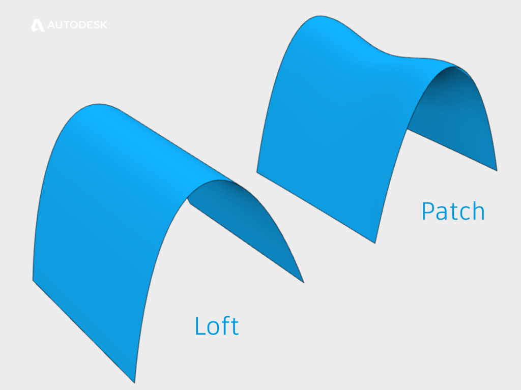 Examples of a lofted surface and a patch surface in Autodesk Inventor