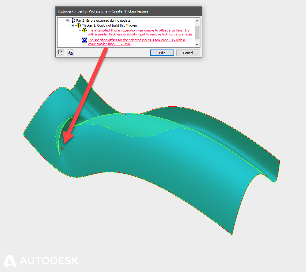Click on the red text to highlight the high curvature area that is causing the problem in your Autodesk Inventor Model