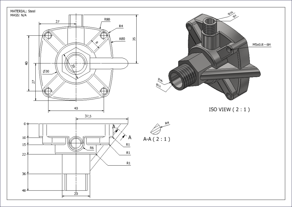 An Autodesk Inventor drawing of a complex part model