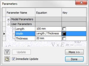Autodesk Inventor Parameters manager parametric relationships