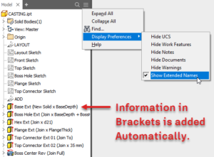 Autodesk Inventor show extended feature names