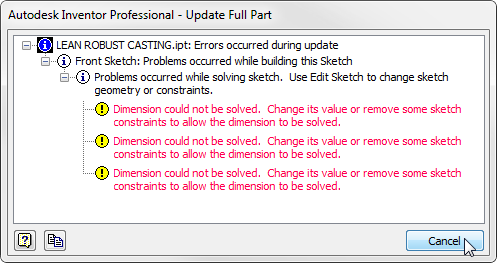 Autodesk Inventor update part errors