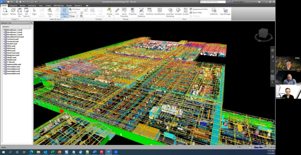 Screenshot of a Zoom webinar with three presenters sharing a large-scale factory model in Navisworks software