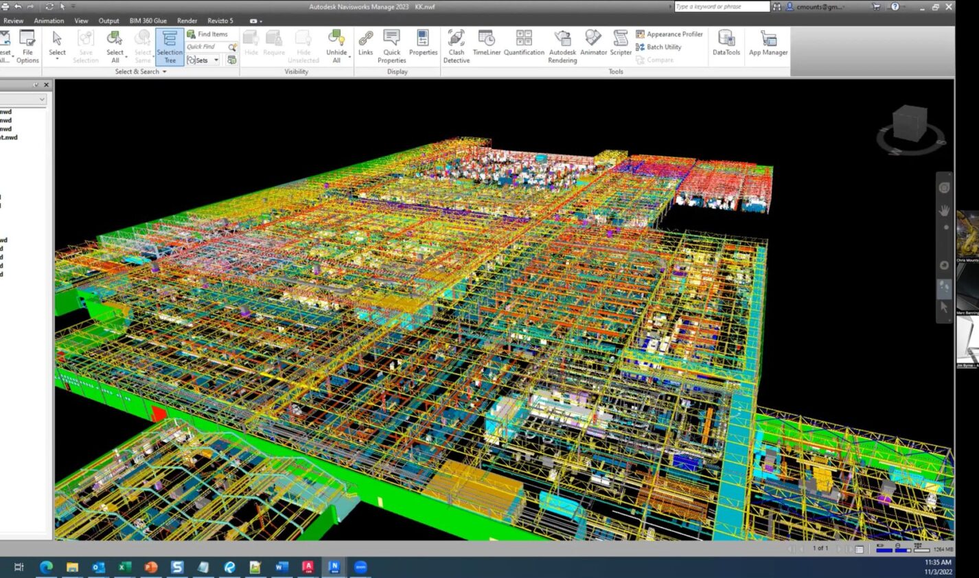 Screenshot of a Zoom webinar with three presenters sharing a large-scale factory model in Navisworks software