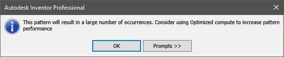 A warning dialog from Autodesk Inventor, suggesting the use of Optimzed compute.