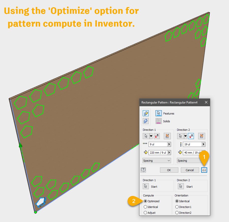 A feature is being patterned across a panel in Autodesk Inventor. The panel has no cut outs - Optimze compute is an option. The image shows which options to select in the pattern dialog for optimised compute.